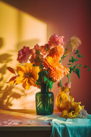 A vase filled with flowers sitting on top of a table. Generative AI image.の素材