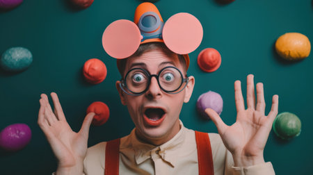 A man wearing a paper mouse hat and glasses. Generative AI image.の素材