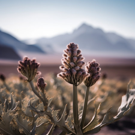 A close up of a plant with mountains in the background. Generative AI image.の素材