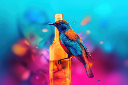 A colorful bird sitting on top of a bottle of wine. Generative AI image.の素材