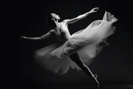 A black and white photo of a woman in a tutu. Generative AI image.の素材