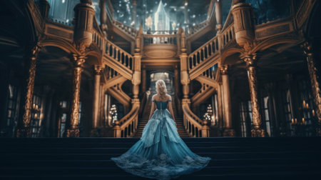 A woman in a blue dress is standing on some stairs. Generative AI image.の素材