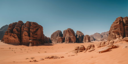 A desert scene with rocks and sand in the foreground. Generative AI image.の素材