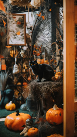 A black cat sitting on top of a pile of pumpkins. Generative AI image.の素材