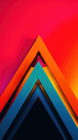 A group of multicolored triangles against a red wall. Generative AI image.の素材