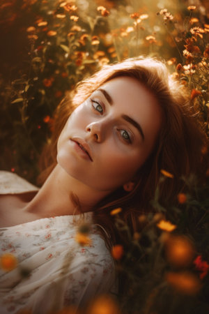 A woman laying in a field of flowers. Generative AI image.の素材