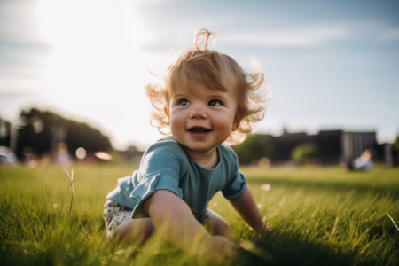 A baby crawling in the grass in a park. Generative AI image.の素材