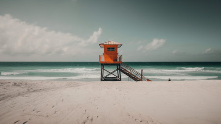 A lifeguard tower sitting on top of a sandy beach. Generative AI image.の素材