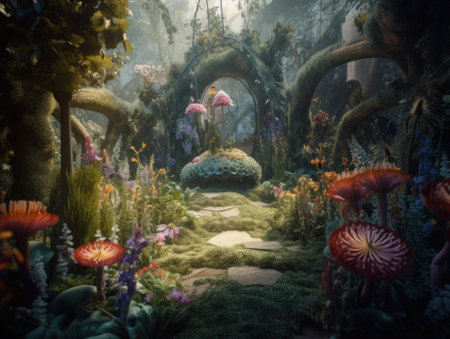 A garden with lots of plants and flowers. Generative AI image.の素材