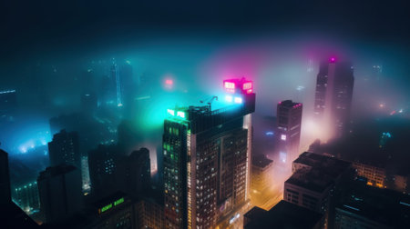 A view of a city at night from a high rise building. Generative AI image.の素材