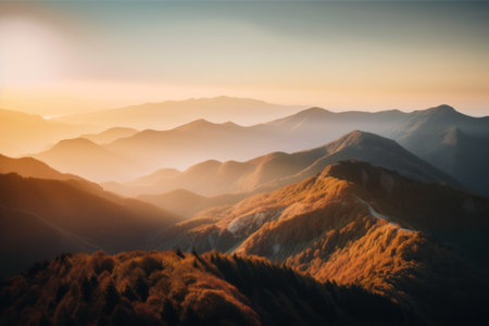 A view of a mountain range at sunset. Generative AI image.の素材