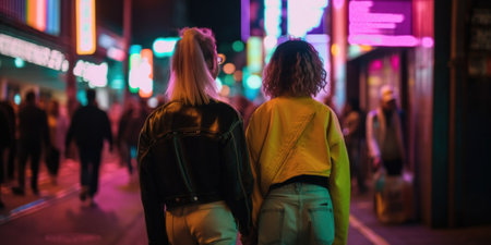 Two women walking down a city street at night. Generative AI image.の素材