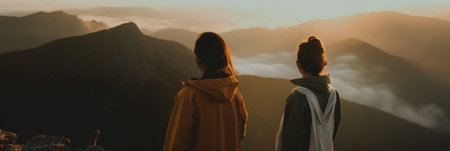 A couple of people standing on top of a mountain. Generative AI image.の素材