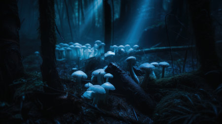 A group of mushrooms in a forest at night. Generative AI image.の素材
