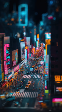 A view of a busy city street at night. Generative AI image.の素材