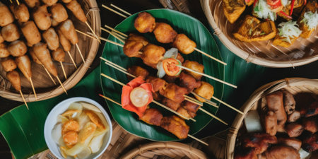 A table topped with lots of different types of food. Generative AI image.の素材