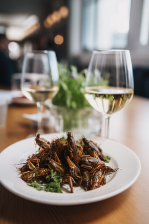A plate of grasshoppers and a glass of wine. Generative AI image.の素材
