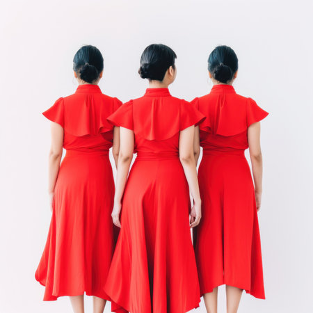Three women in red dresses standing next to each other. Generative AI image.の素材