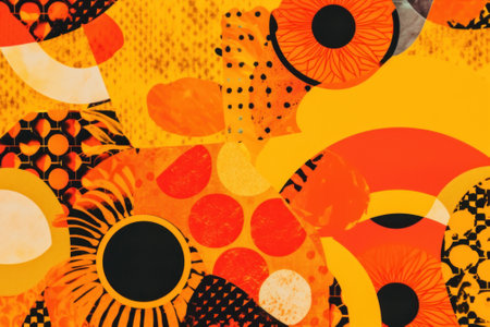 An orange and black abstract painting on a yellow background. Generative AI image.の素材