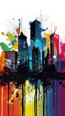 A painting of a city with lots of paint splatters. Generative AI image.の素材