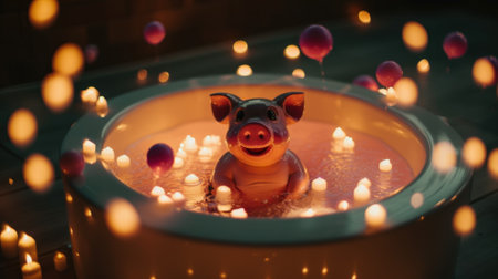 A pig in a tub of water surrounded by candles. Generative AI image.の素材