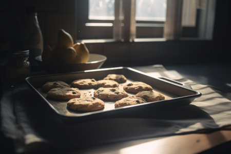 A pan of cookies sitting on top of a table. Generative AI image.の素材