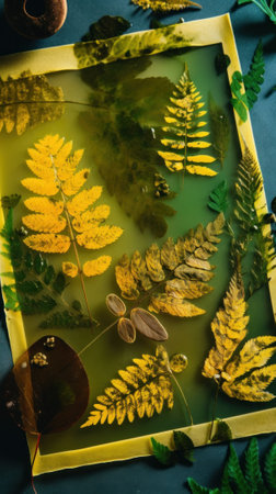 A picture of some leaves on a table. Generative AI image.の素材