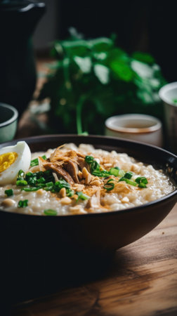 A bowl of soup with a boiled egg on top. Generative AI image.の素材