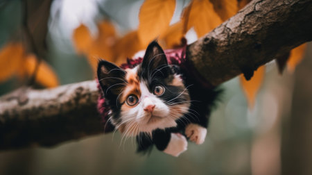 A black, white, and orange cat sitting on a tree branch. Generative AI image.の素材