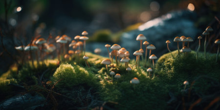 A bunch of mushrooms that are on some moss. Generative AI image.の素材