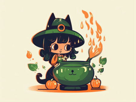 A little girl in a witch costume with a caulder. Generative AI image.の素材