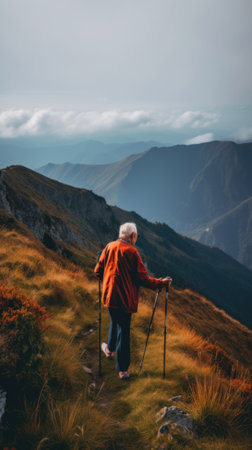 A person walking up a hill with ski poles. Generative AI image.の素材