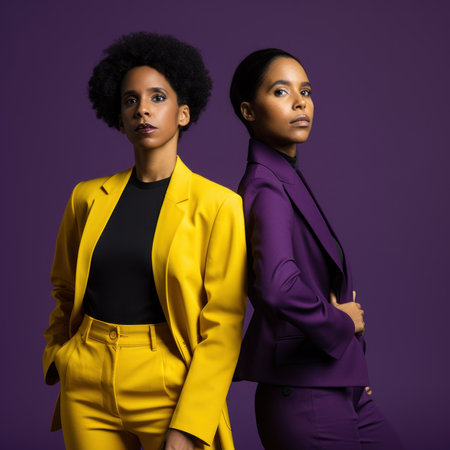 Two women standing next to each other in suits. Generative AI image.の素材
