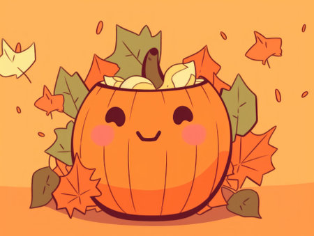 A cartoon pumpkin with leaves surrounding it. Generative AI image.の素材