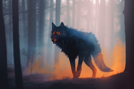 A wolf with glowing eyes walking through a forest. Generative AI image.の素材