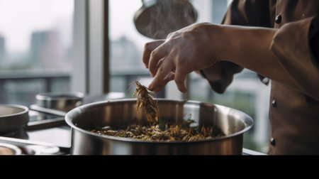 A person stirring food in a pot on a stove. Generative AI image.の素材