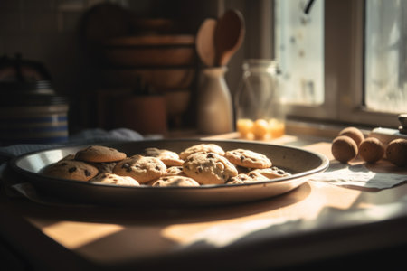 A plate of cookies sitting on a counter next to a window. Generative AI image.の素材