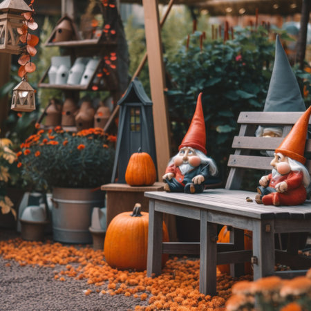 Two gnomes sitting on a bench in a garden. Generative AI image.の素材