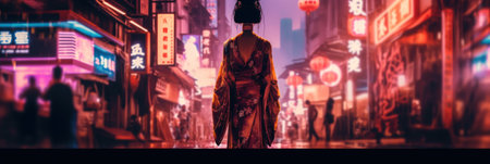 A woman in a kimono walking down a city street. Generative AI image.の素材