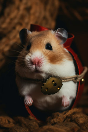 A brown and white hamster with a tag on it"s collar. Generative AI image.の素材