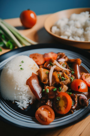 A plate of food with rice and vegetables. Generative AI image.の素材