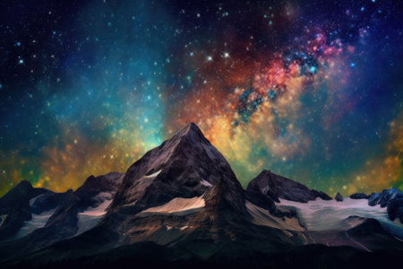 A painting of a mountain with a sky full of stars. Generative AI image.の素材
