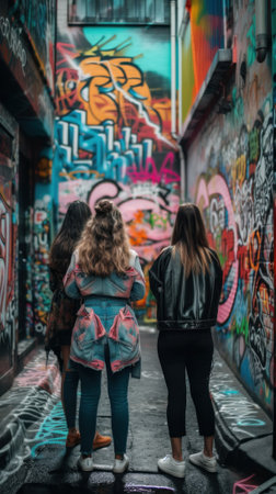 Two women walking down a narrow alley with graffiti on the walls. Generative AI image.の素材