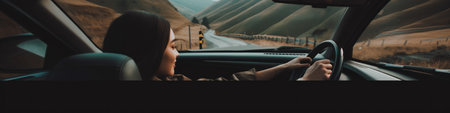 A woman driving a car on a mountain road. Generative AI image.の素材