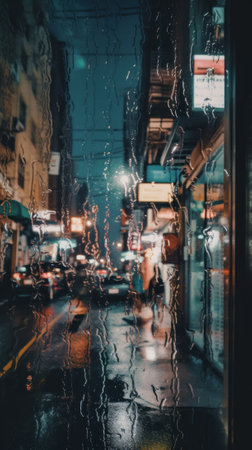 A wet city street at night with cars passing by. Generative AI image.の素材