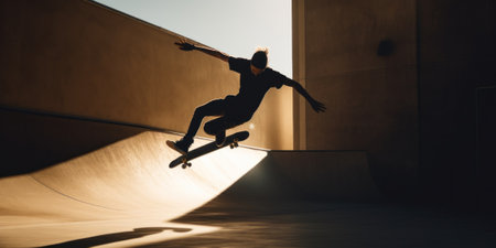 A man riding a skateboard up the side of a ramp. Generative AI image.の素材