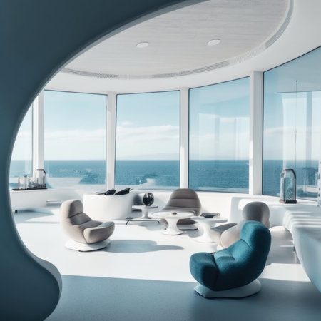 A living room filled with furniture next to a large window. Generative AI image.の素材