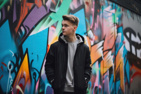 A man standing in front of a graffiti covered wall. Generative AI image.の素材