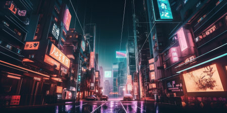 A city street at night with neon signs. Generative AI image.の素材