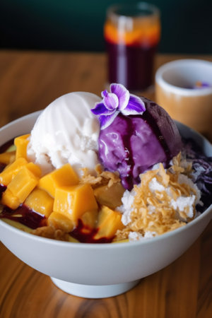 A bowl of fruit and ice cream on a table. Generative AI image.の素材